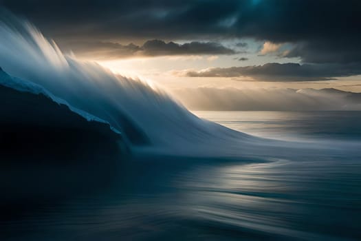 Moonlight in ocean landscape. The ocean stretches out as far as the eye can see, its surface a canvas of deep, midnight blue. AI generated image