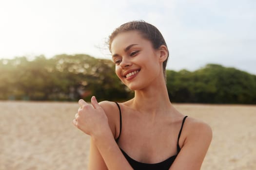 woman adult relax beach space lifestyle peaceful vacation copy happiness sea girl sunset ocean dress smile outdoor sand summer water freedom walking