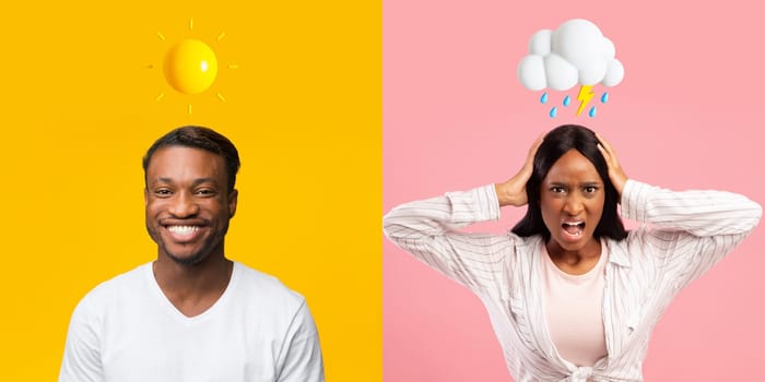 Temperament Clashes In Relationships. Black Man And Woman With Different Mood Posing Over Colorful Backgrounds, Creative Collage Of Couple With Sun And Rainy Cloud Emojis Above Head, Panorama