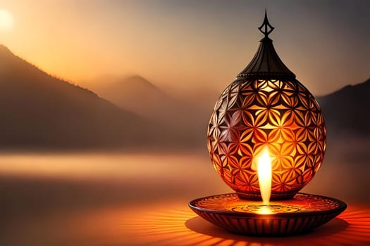 3D rendering indian lamp for diwali celebration on soft background ethereal. Colorful particle effects in the background. Gold filigree on a indian lamp. AI-generated Digital Art