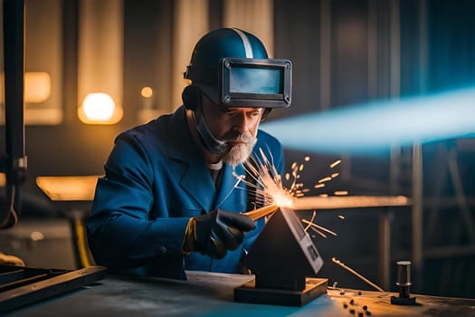 Male in face mask welds with argon arc welding. Welder mounts in the trunk pipeline electrochemical protection. illustration created by Generative AI