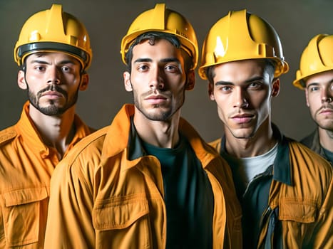 Team of construction workers wearing protective helmets and vests working on construction site. Generative Ai