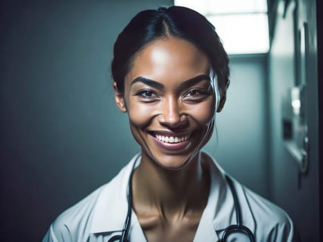 Latino woman doctor with stethoscope in uniform over background with copy space, medical concept. Generative ai