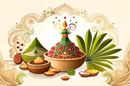 Happy ugadi greeting card background with kalash. Happy Ugadi holiday composition - Hindu New Year festival. Decorated Kalash with coconut, flowers, mango leaves and diya.