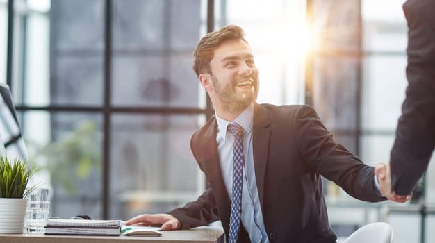 Hello. Portrait Of Cheerful Middle Aged Business Man Waving Hand Smiling