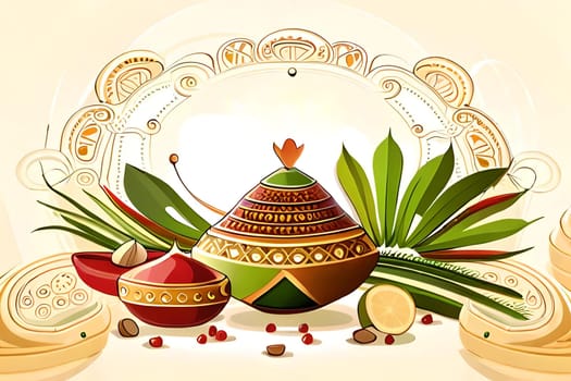 Happy ugadi greeting card background with kalash. Happy Ugadi holiday composition - Hindu New Year festival. Decorated Kalash with coconut, flowers, mango leaves and diya.