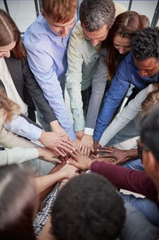 Multiethnic college students fold their hands in place