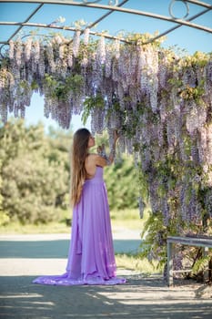 Woman wisteria lilac dress. Thoughtful happy mature woman in purple dress surrounded by chinese wisteria.