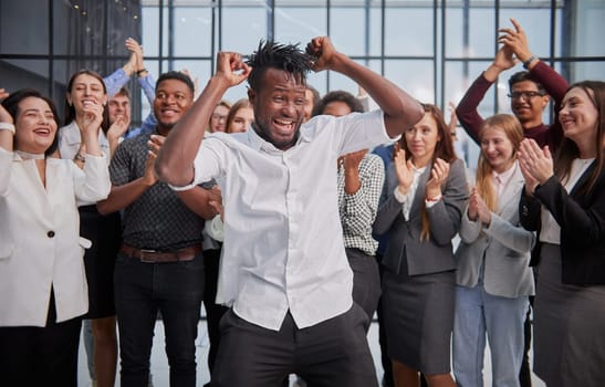 smiling young multiracial workers staff group pose together as human resource