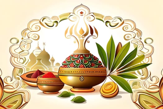 Happy ugadi greeting card background with kalash. Happy Ugadi holiday composition - Hindu New Year festival. Decorated Kalash with coconut, flowers, mango leaves and diya.