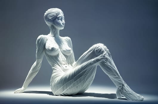 An abstract sculpture, a three-dimensional digital model or a futuristic form of a full-length naked woman sitting on the ground is made of white stripes on a light blue background. Generative AI