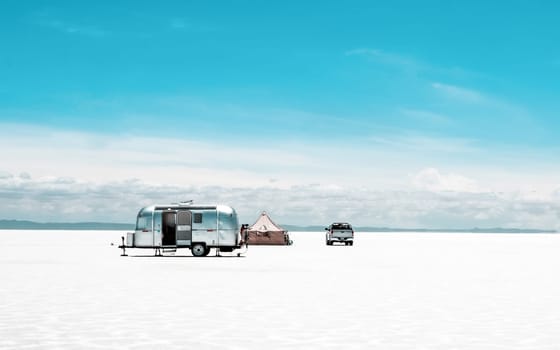 Turist camp with trailer in Salar de Uyuni