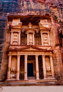 Magnificant and famous facade in Petra Jordan, the treasury or Al Khazna