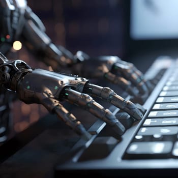 The robot's hands type on the laptop keyboard against the background of the room. The concept of bots, robots