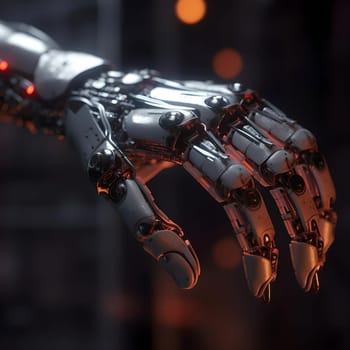 Robot hand on a dark background. The concept of robotics