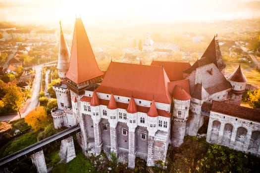 Spiked roofs and imposing towers of Hunyadi Castle