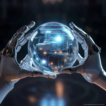 A robot arms hold a glass ball with artificial intelligence inside. Dark background