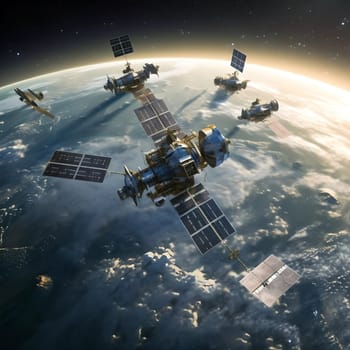 Constellation of satellites near the Earth. A lot of satellites, space. Communication Concept