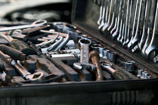 car mechanic tool set in a auto repair shop