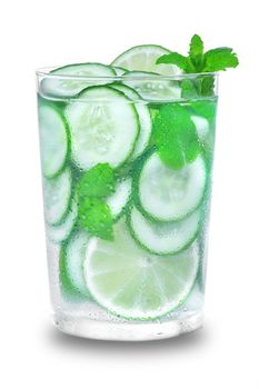 Glass with fresh organic detox cucumber water with lime and lemon on white background.
