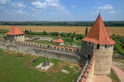 Tighina, Transnistria, Moldova - July 2021: Walls and towers of old medieval Turkish and Russian Bender Fortress on the Dniester river