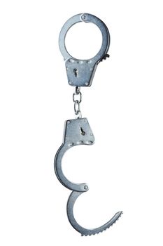 real zinc plated steel police handcuffs half-opened hanging vertically, isolated on white background.