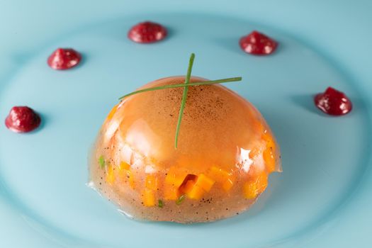 Aspic recipe, jelly made from a broth of prawns and peppery beetroot. High quality photo