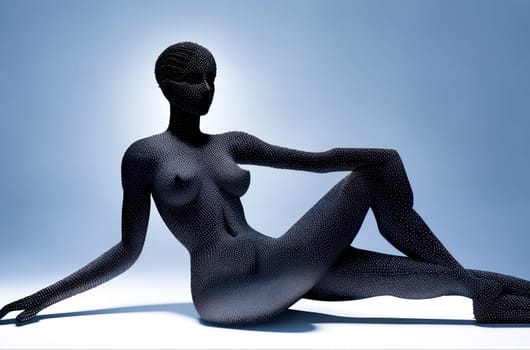 An abstract sculpture, a three-dimensional digital model or a futuristic form of a full-length naked woman sitting on the ground is made of black stripes on a light blue background. Generative AI