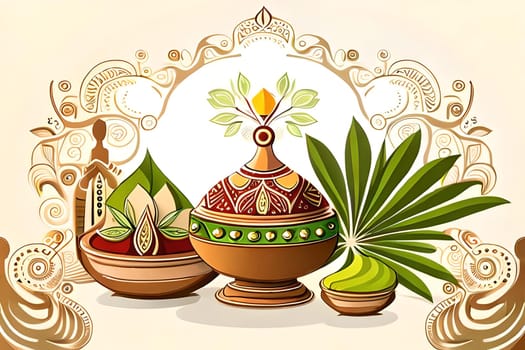 Happy ugadi greeting card background with kalash. Happy Ugadi holiday composition - Hindu New Year festival. Decorated Kalash with coconut, flowers, mango leaves and diya.