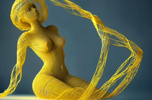 An abstract sculpture, a three-dimensional digital model or a futuristic shape of a full-length naked woman lying on the ground is made of yellow stripes on a dark background. Generative AI