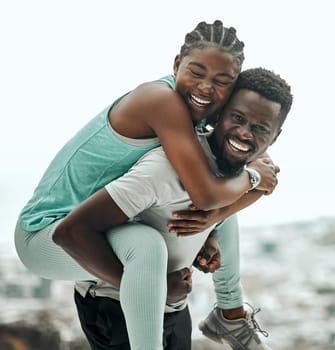 Black people, piggyback and couple hiking outdoor with smile and fitness in portrait. Excited, travel and workout together with trekking, man with woman and happiness in relationship with exercise.