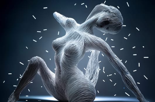 An abstract sculpture, a three-dimensional digital model or a futuristic form of a full-length naked woman sitting on the ground is made of white stripes on a light blue background. Generative AI