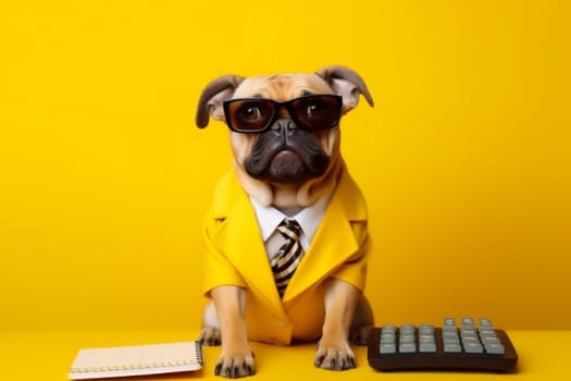 dog finance background accountant animal work pet concept financial fun yellow humor funny computer worker business goggles glasses holding calculator office. Generative AI.