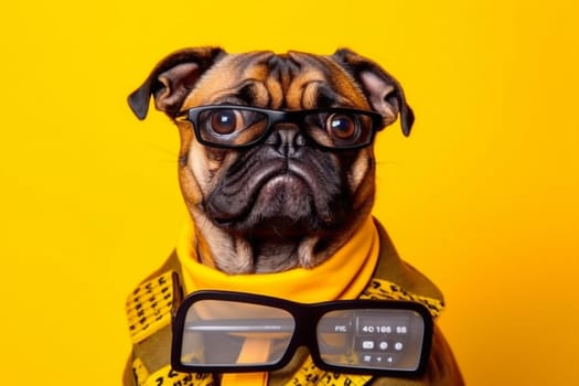 dog work professional accountant pet profit mathematic background financial calculator finance yellow puppy fun animal banker worker isolated funny humor business. Generative AI.