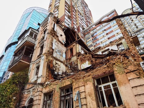 KYIV, UKRAINE - October 22, 2022: Civilian house after a drone attack on buildings in Kyiv. Waves of explosive-laden suicide drones struck Ukraine's capital as families were preparing to start their week early Monday, the blasts echoing across Kyiv