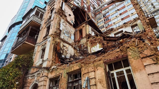 KYIV, UKRAINE - October 22, 2022: Civilian house after a drone attack on buildings in Kyiv. Waves of explosive-laden suicide drones struck Ukraine's capital as families were preparing to start their week early Monday, the blasts echoing across Kyiv