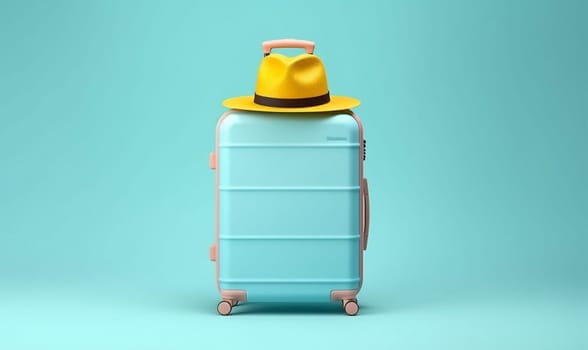 protection baggage air mockup summer beach travel trip departure hipster background blue space sunscreen holiday beautiful suitcase traveler copy hat journey vacation. Generative AI.