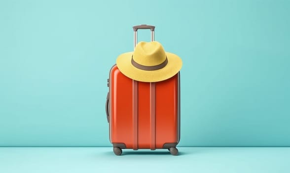 trip transportation airplane holiday vacation fly hat journey yellow recreation suitcase beach blue baggage concept background travel air sunscreen bag voyage. Generative AI.