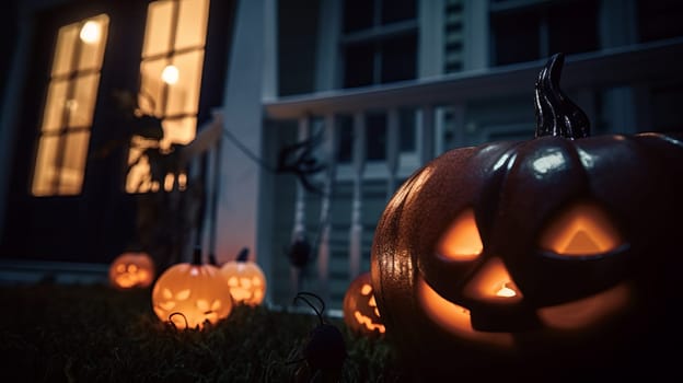 Night view of a halloween pumpkins nearby house in autumn.Close up. Ai generative