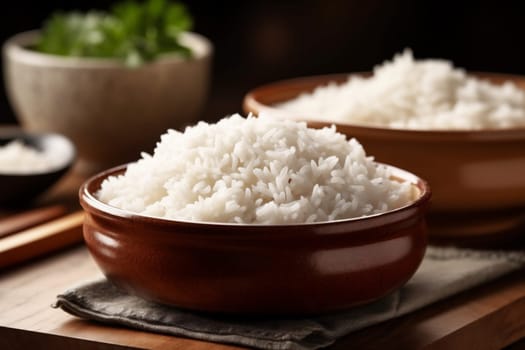 rice organic healthy grain lunch thai natural long vegetarian culture dish nutrition asian wooden jasmine white closeup diet food meal. Generative AI.