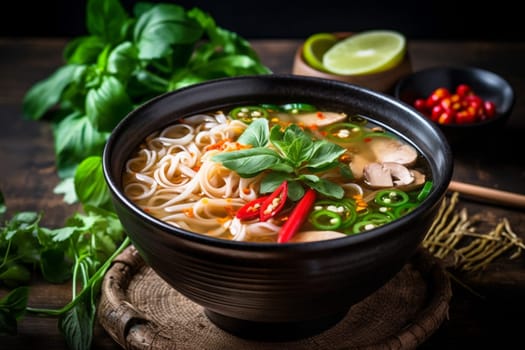 food pak noodle bowl broth hot asia delicious asian vegetable dark meal dinner lunch chili soup background japanese choi miso dish onion. Generative AI.