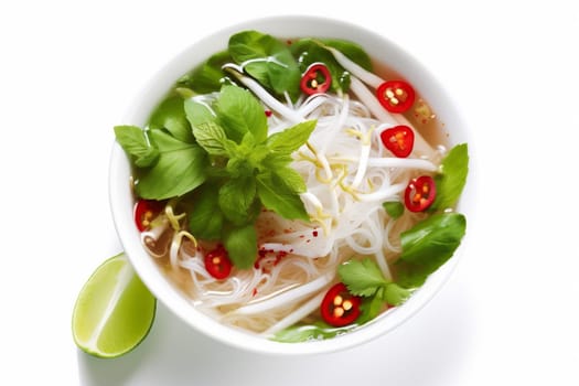 dish pho noodle delicious vegetable chili hot bowl vietnamese asian broth background diet soup food white traditional top spicy basil plate. Generative AI.
