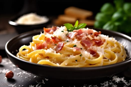 carbonara egg fork meat pasta meal space food creamy dinner italian italy cheese tasty spaghetti homemade white copy background bacon sauce. Generative AI.