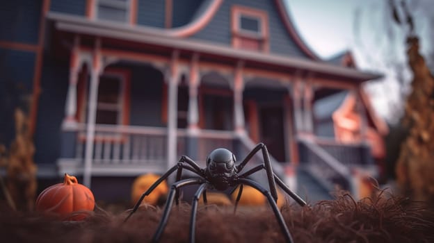Big spider and pumpkins halloween decorations stand next to the house in autumn.Close up. Ai generative