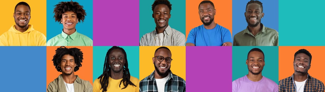 Smiling positive young and adult curly african american men on colorful studio background with free space, panorama, collage. Male emotions, lifestyle and work, ad and offer