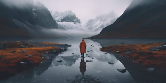 happy man sitting back travel alps beautiful scenic water hiking holiday cloud yellow male nature mountain happiness cape lake hill sky. Generative AI.