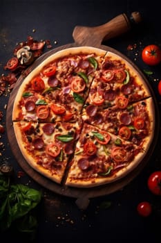 fast crust pizza fast italian food tomato meal lunch background delicious black food italy dough pepper red space salami hot cheese copy sauce. Generative AI.