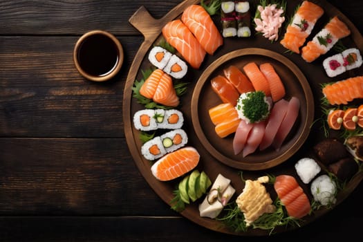 roll fresh avocado oriental rice healthy table traditional black tuna health shrimp sushi asian chopstick menu fish seafood japanese food. Generative AI.