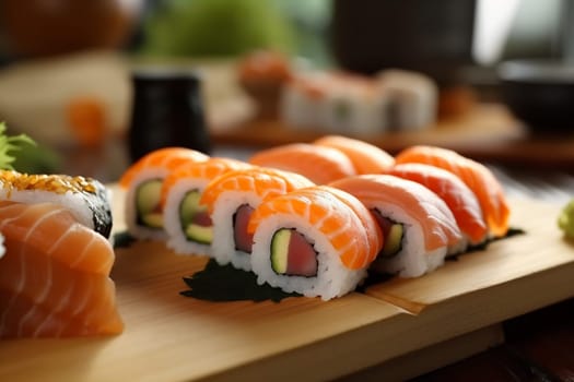 food up diet sushi delicacy set close seafood roll meal tasty japan fish avocado view sashimi dish rice epicure dark japanese. Generative AI.