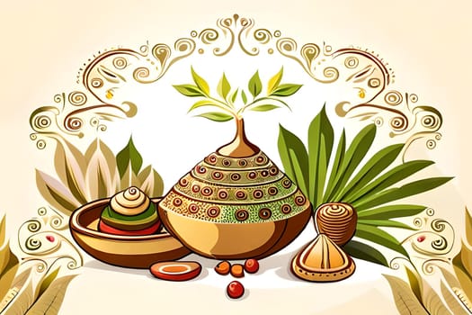 Happy ugadi greeting card background with kalash. Happy Ugadi holiday composition - Hindu New Year festival. Decorated Kalash with coconut, flowers, mango leaves and diya.